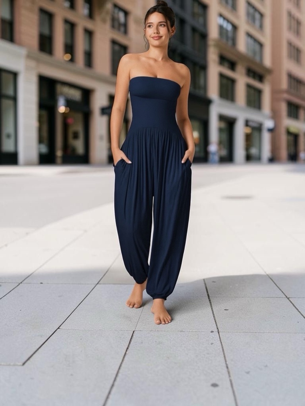 HALARA Navy Ribbed Strapless Casusl Jumpsuit with Pockets